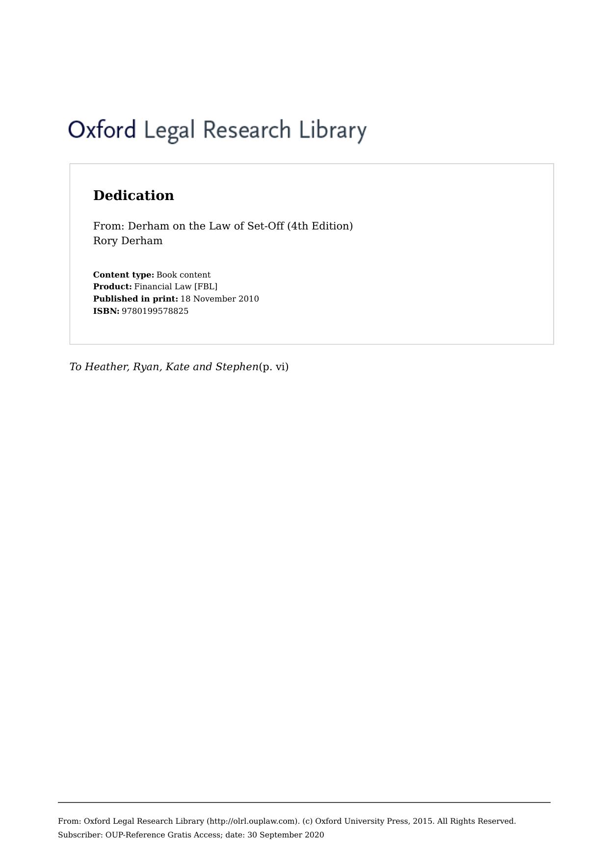 Derham on the Law of Set-Off (4th Edition) Rory Derham