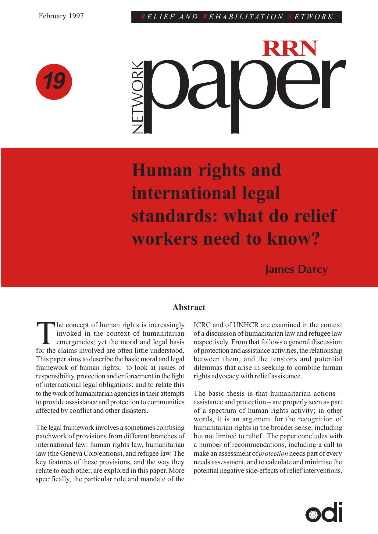 Human Rights and International Legal Standards: What Do Relief Workers Need to Know? - HPN Network Papers 19