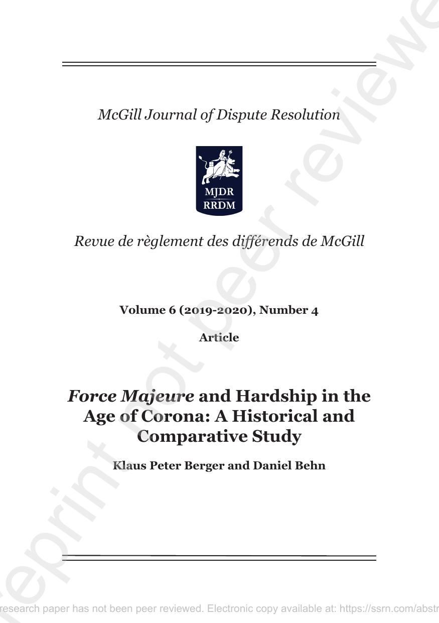 Force Majeure and Hardship in the Age of Corona