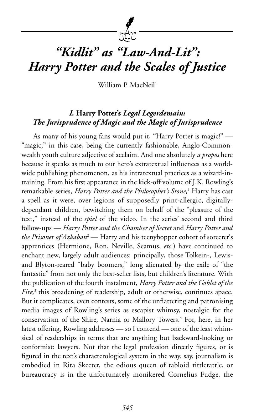 "Kidlit" as "Law-And-Lit": Harry Potter and the Scales of Justice