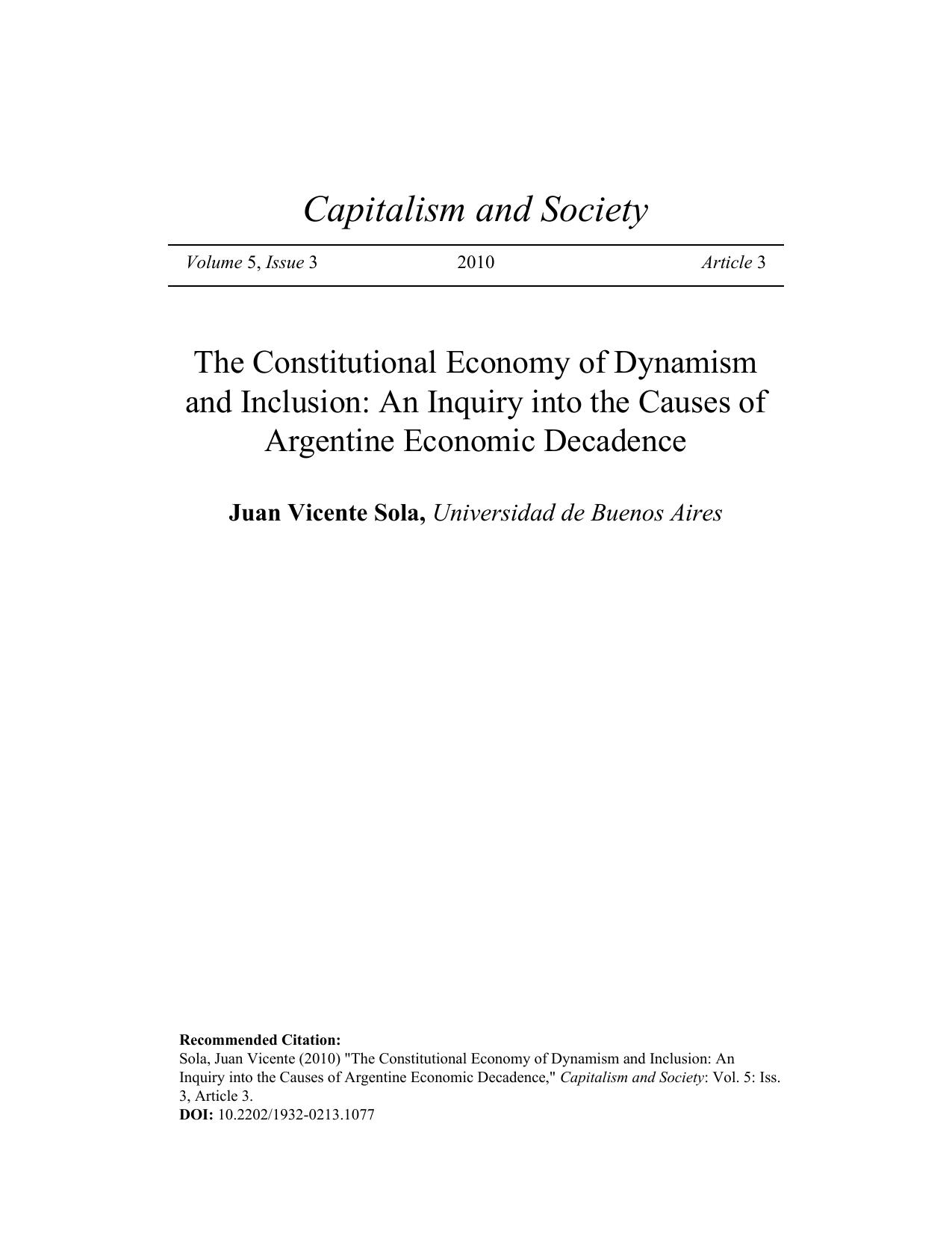 The Constitutional Economy of Dynamism and Inclusion: An Inquiry into the Causes of Argentine Economic Decadence