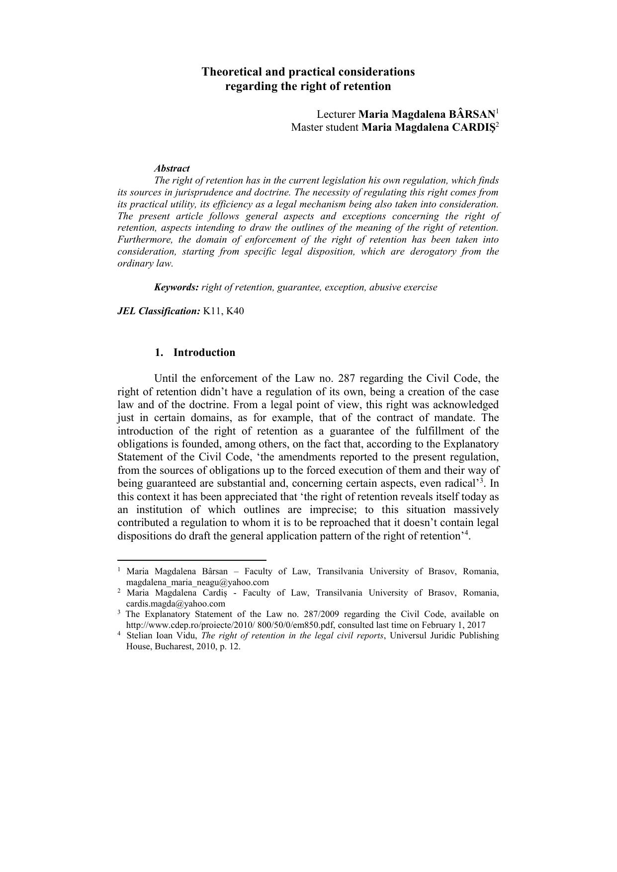 Theoreticalandpracticalconsiderationsregardingtherightofretention