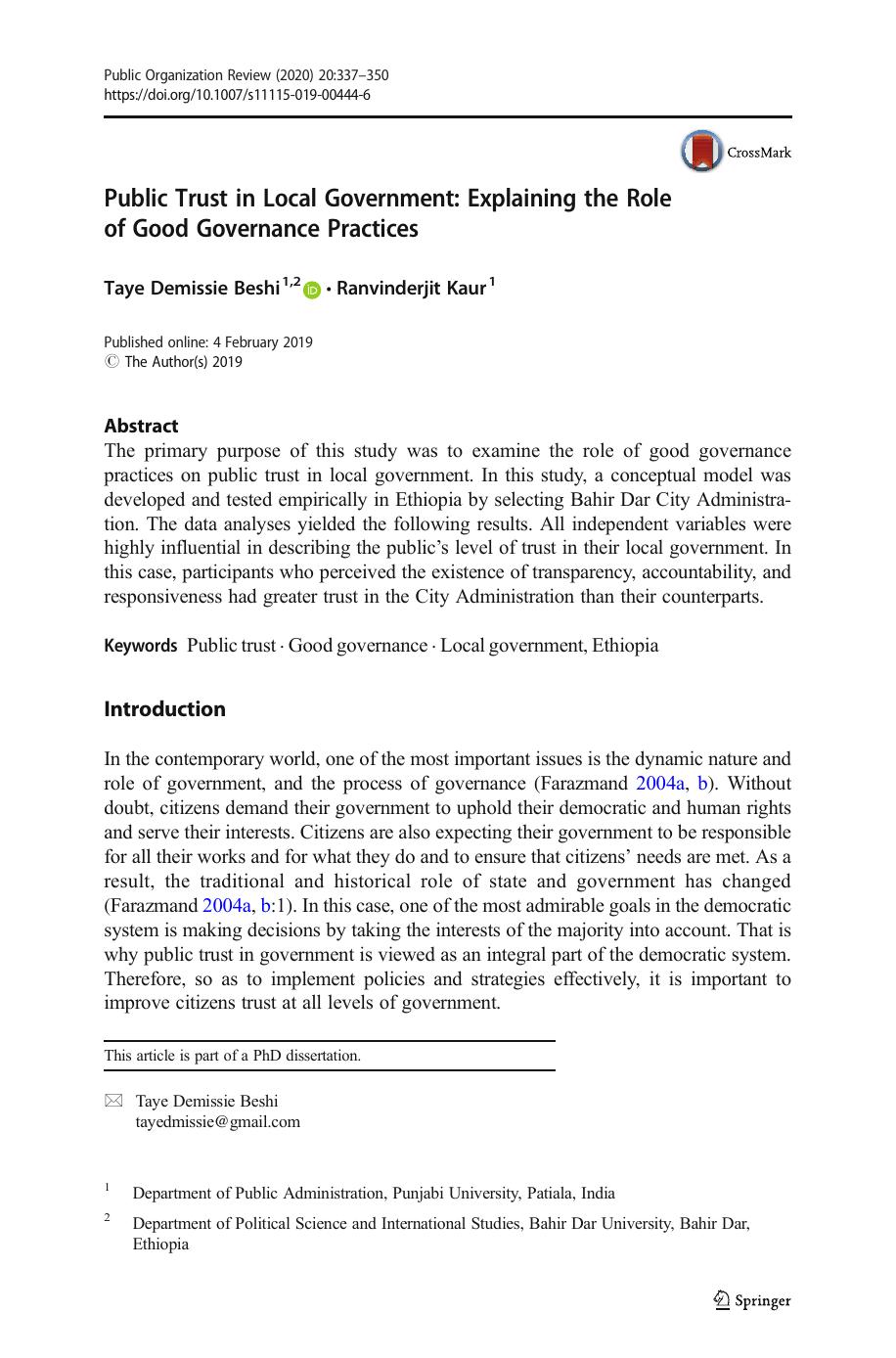 Public Trust in Local Government: Explaining the Role of Good Governance Practices